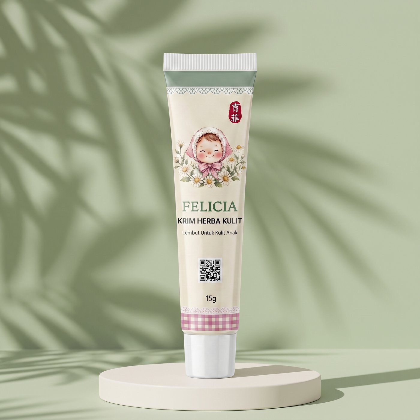 FELICIA tube on a white podium against a sage green wall